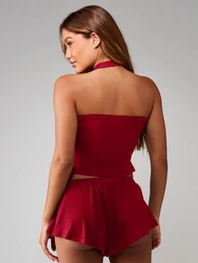 MISSGUIDED Halter Lounge Set With Ruffle Shorts Summer Comfort Two Piece Pajama Set - Burgundy - View 2