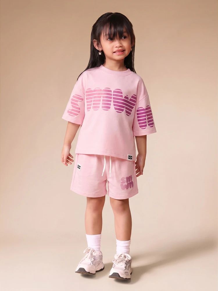 Ensemble deux pièces rose pour filles, t-shirt oversize avec short à cordon assorti, décontracté pour l'été