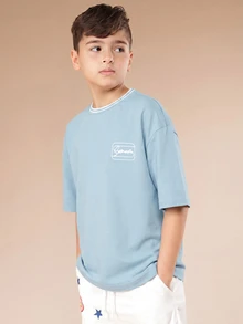 SUMWON Tween Boys Light Blue Jersey T-Shirt With White Contrast Tipping And Logo Design For Casual Summer Wear - Baby Blue - View 1