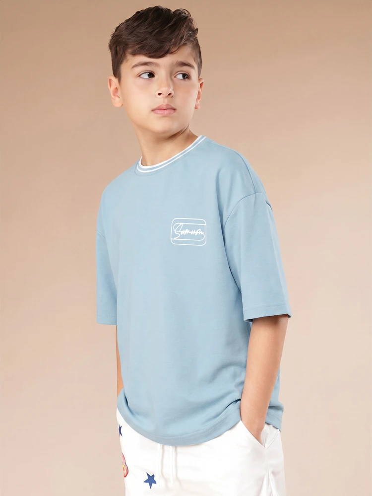 Tween Boys Light Blue Jersey T-Shirt With White Contrast Tipping And Logo Design For Casual Summer Wear