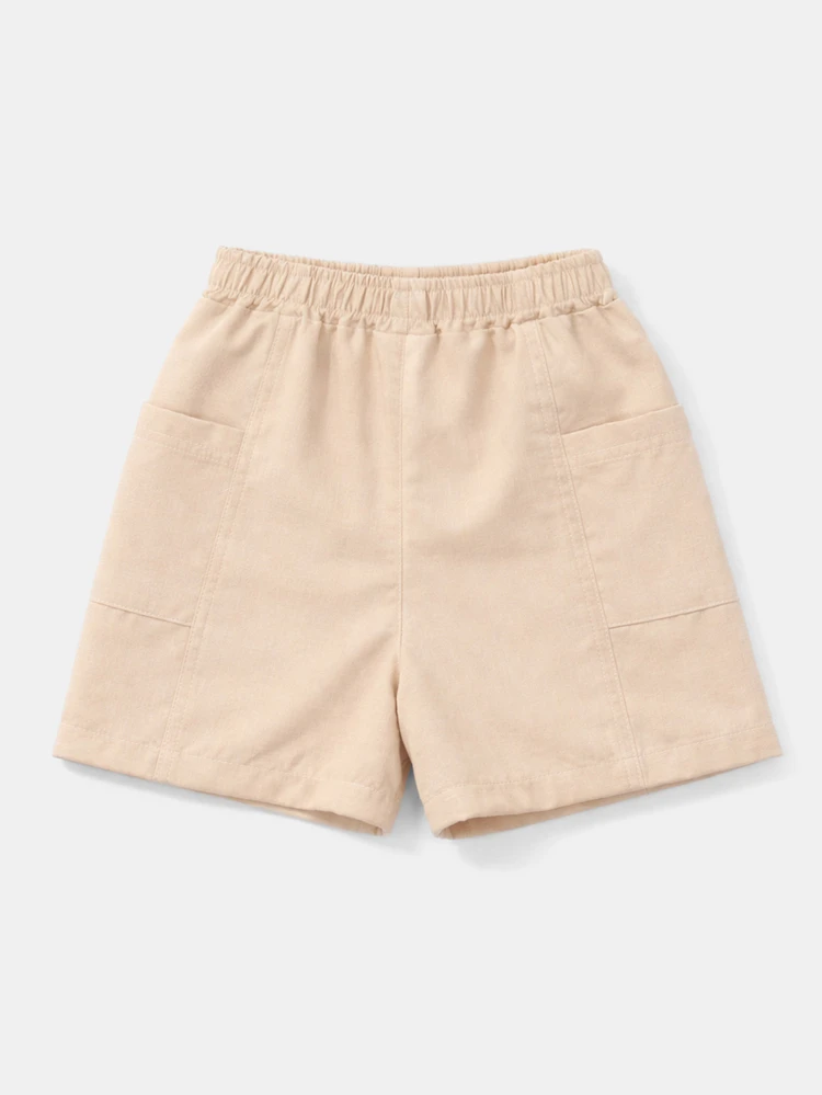 Boys Linen Feel Cargo Shorts With Drawstring Waist Elastic Cuffed Hem Bear Embroidery Side Pockets Summer Casual Comfort Bottoms Relaxed Fit