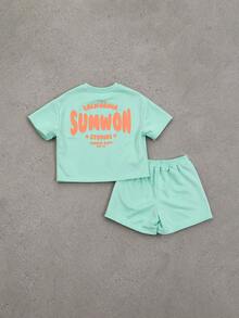 SUMWON Oversized Boys Summer T-Shirt And Shorts Co-Ord Set With California Studios Tennis Club Back Print Mint Green Crew Neck Short Sleeve Casual Outfit - Green - View 1