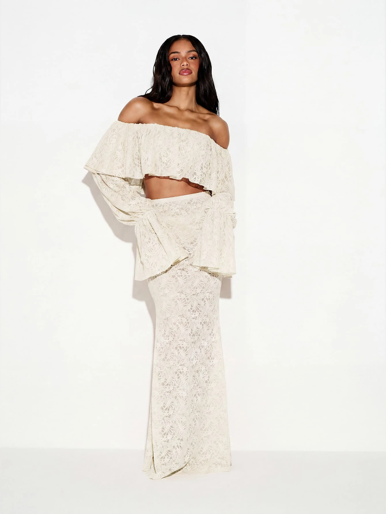 Off Shoulder Lace Crop Top With Bell Sleeves