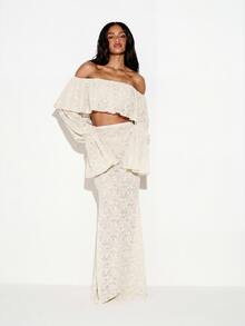 KIZN Áo croptop ren trễ vai tay chuông họa tiết hoa phong cách boho, thích hợp cho lễ hội mùa hè xuân, kiểu áo sơ mi nông dân. - Kem - Xem 3