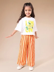 SUMWON Girls Lemon Print Oversized T-Shirt And Wide Leg Palazzo Pants Summer Citrus Co-Ord Set - Orange - View 1