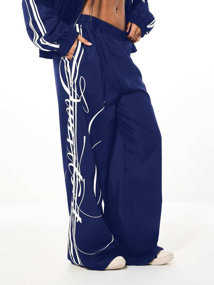 SUMWON WOMEN Oversized Wide Leg Track Pants With Contrast Side Stripe And Script Graphic Print Relaxed Fit Casual Bottoms