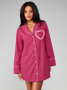 MISSGUIDED Button Down Heart Pocket Sleepshirt Satin Sleep Dress Long Sleeve Nightgown Valentine Pajama Shirt - Hot Pink - View 3