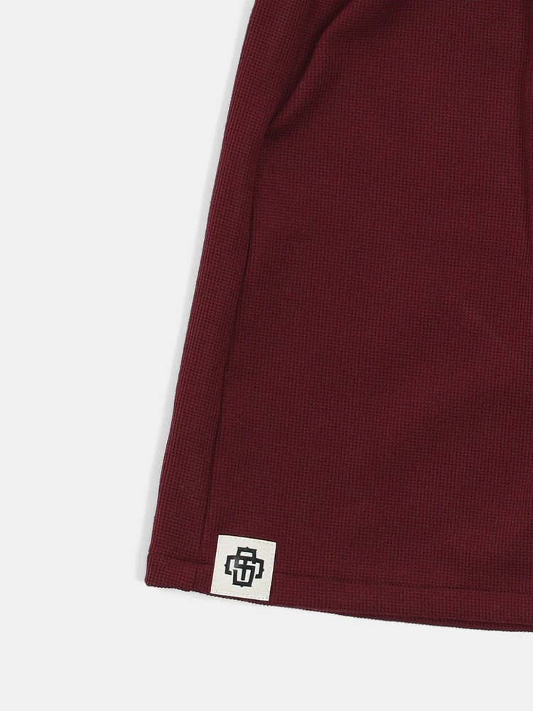 Waffle Knit Henley Top And Burgundy Shorts Two Piece Co-Ord Set For Everyday Casual Comfort Style