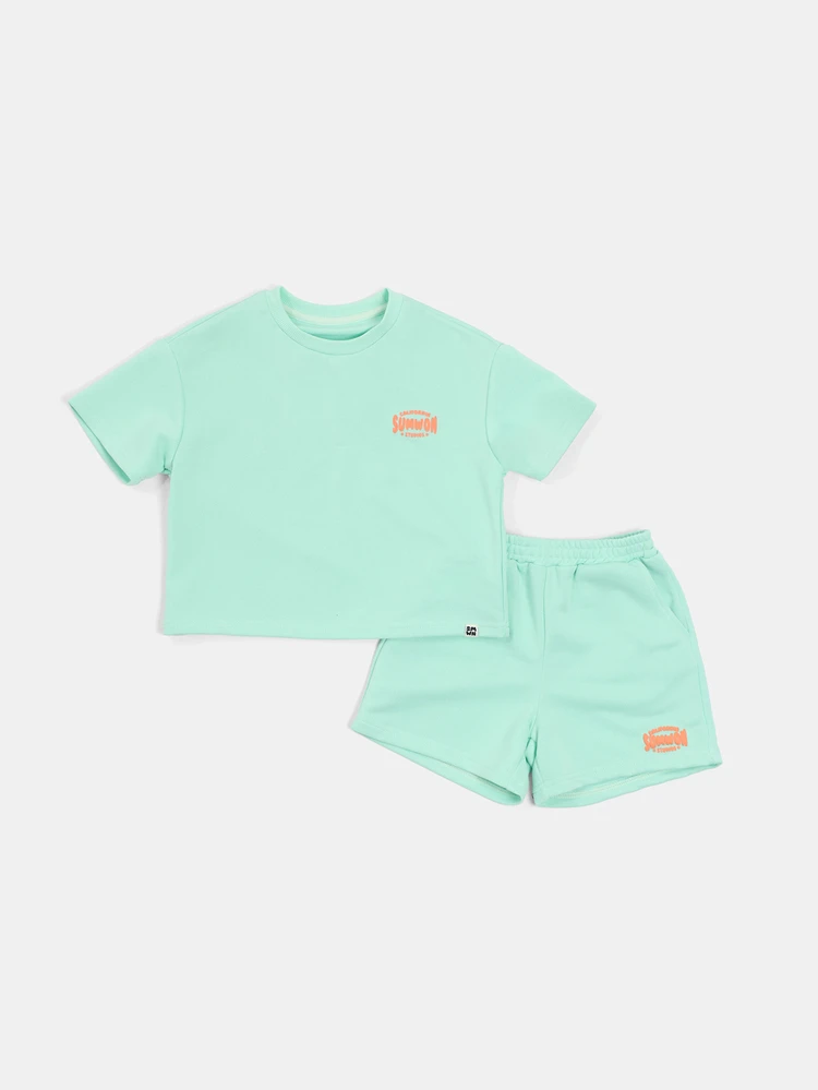 Oversized Boys Summer T-Shirt And Shorts Co-Ord Set With California Studios Tennis Club Back Print Mint Green Crew Neck Short Sleeve Casual Outfit