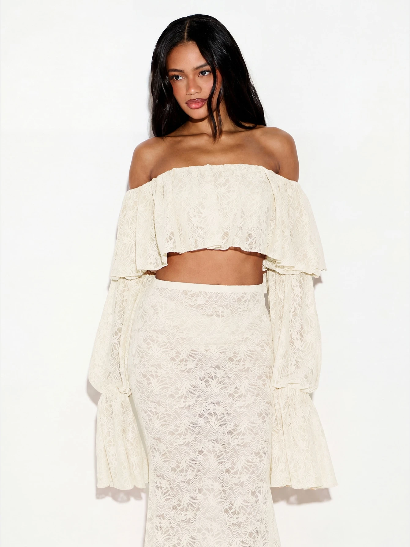 Off Shoulder Lace Crop Top With Bell Sleeves