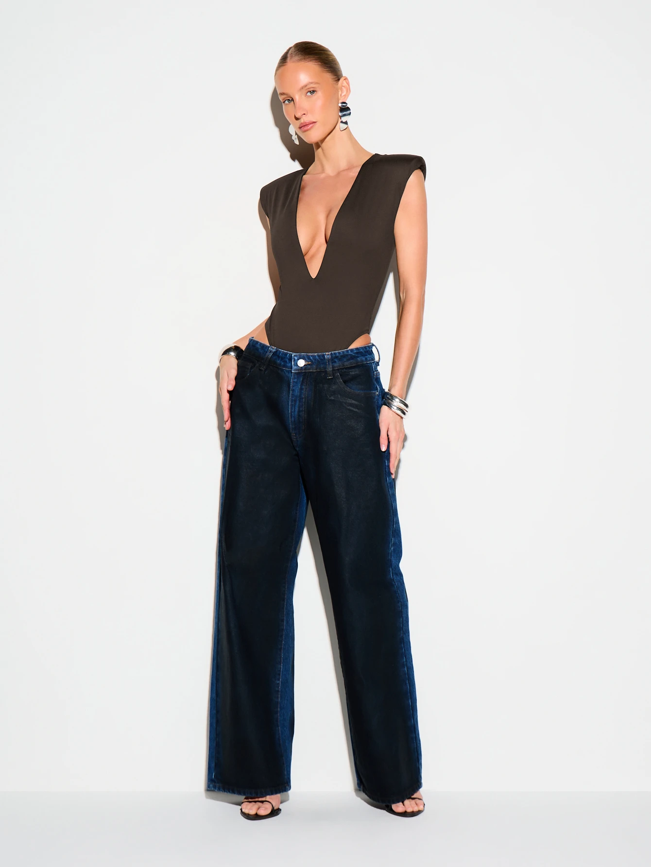 KIZN Deep Plunge Sleeveless Bodysuit With Shoulder Pads