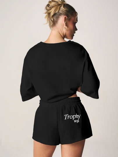 MISSGUIDED Quần short mùa hè thoải mái, dễ mặc, có dây rút, in khẩu hiệu "Trophy Wife" (Vợ đẹp)