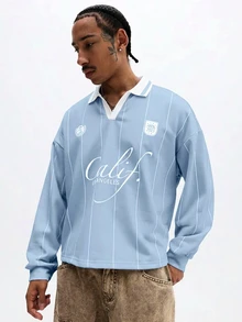 SUMWON Long Sleeve Striped Polo Shirt With Collared Neckline And Casual Regular Fit Design - Blue - View 1