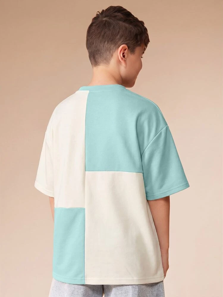 Oversized Color Block Tshirt With Chest Logo Graphic Short Sleeve Crew Neck Summer Casual Streetwear