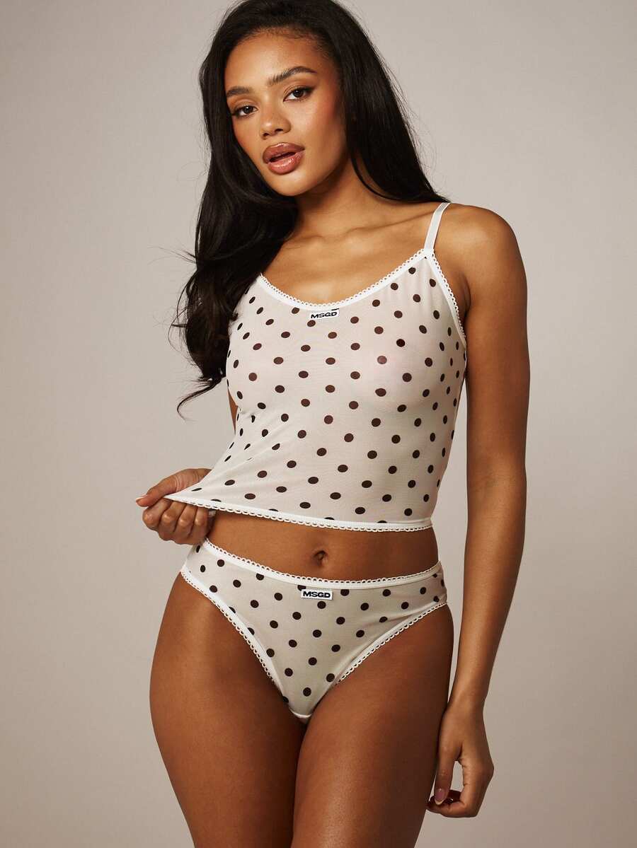 MISSGUIDED 波点网纱文胸和内裤套装，蕾丝花边扇形边，性感两件套 - 彩色 - 查看 1