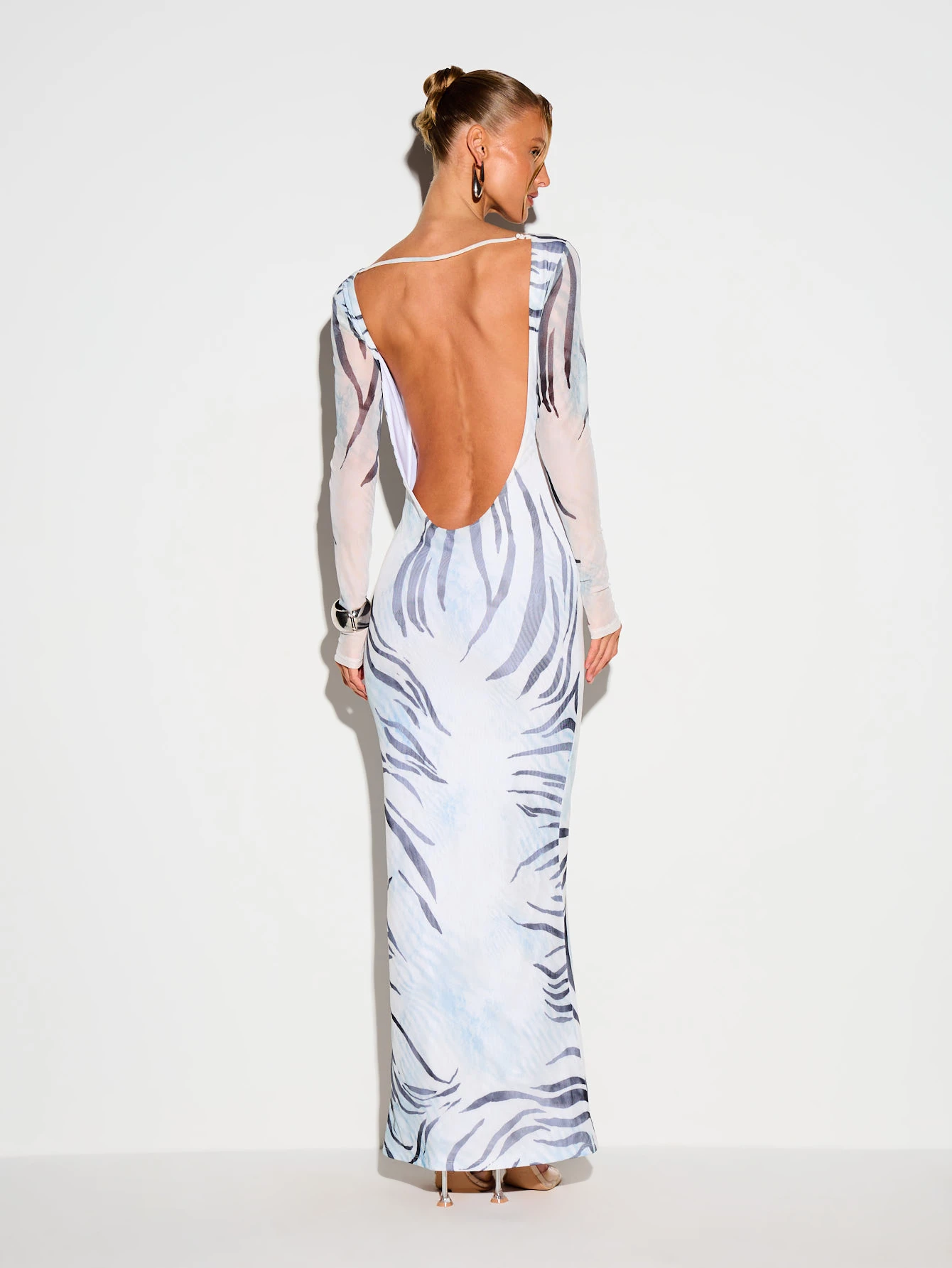 KIZN Abstract Zebra Print Long Sleeve Open Back Maxi Dress