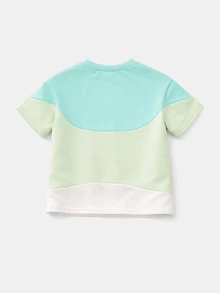 SUMWON 休闲撞色短袖圆领T恤，饰有波浪印花细节和弧形下摆设计 - 彩色 - 查看 2