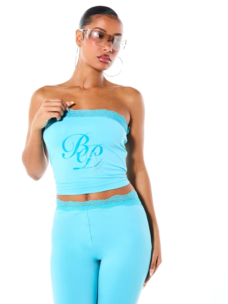 BABYPHAT Strapless Lace Trim Bandeau Tube Top With Embroidered Logo Detail Light Blue Cropped Summer Fashion