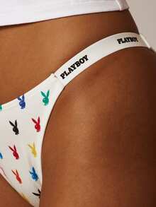 Missguided x Playboy Tanga blanco con estampado del logotipo de conejo y cinta elástica en la cintura, con patrón colorido en todo el diseño, ropa interior íntima - Blanco - Ver 2