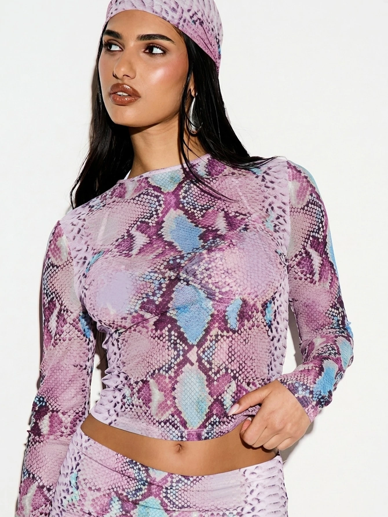 KIZN Snake Print Mesh Long Sleeve Crop Top