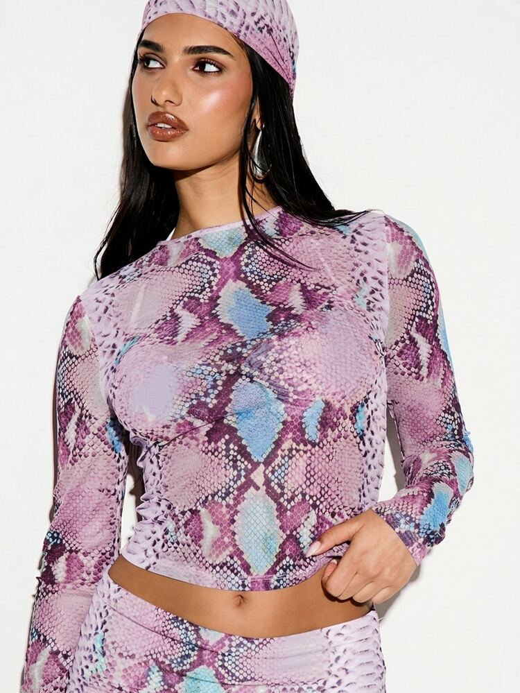 KIZN Snake Print Mesh Long Sleeve Crop Top