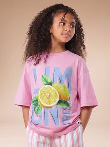 SUMWON Setelan Kaos Oversize Bergambar Warna Lime Fresh untuk Remaja Perempuan dengan Celana Bergaris, Pakaian Kasual Musim Panas - Berwarna merah muda - View 5