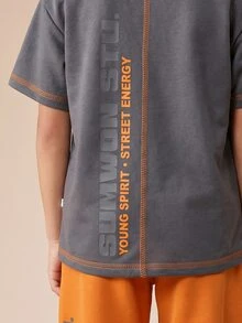 SUMWON Boys Two Piece Jogger Set With Letter Print Short Sleeve Tee And Drawstring Pants Casual Comfortable Everyday Wear Outfit - Orange - View 6