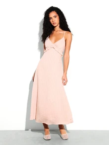 KSTM Blush Pink Spaghetti Strap Midi Dress With Ruffle Detail Cut Out Back Spring Summer Vacation - Baby Pink - View 6