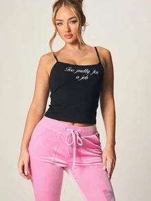 MISSGUIDED Áo tank top hai dây in khẩu hiệu "Too Pretty For A Job" với dây đeo có thể điều chỉnh và cổ vuông, thích hợp cho trang phục thường ngày. - màu đen - Xem 4
