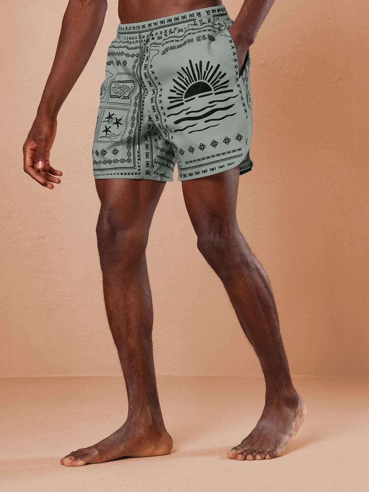 Bandana Print Swim Shorts With Tropical Sun Motif Regular Fit Curved Hem Beach Vacation Summer Holiday