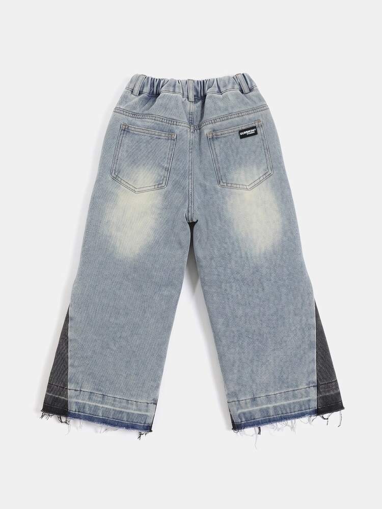 Boys Paint Splatter Flared Jeans With Raw Frayed Hem Cropped Wide Leg Denim Pants