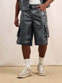 SUMWON Men's Faux Leather Cargo Shorts With Chain Detailed Pockets Rolled Hem Urban Streetwear Summer Fashion Edgy Style - Gray Blue - View 2