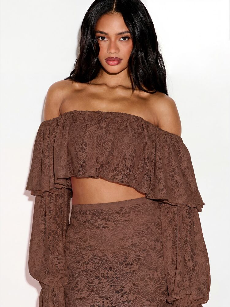 Off Shoulder Lace Bardot Top With Bell Sleeves