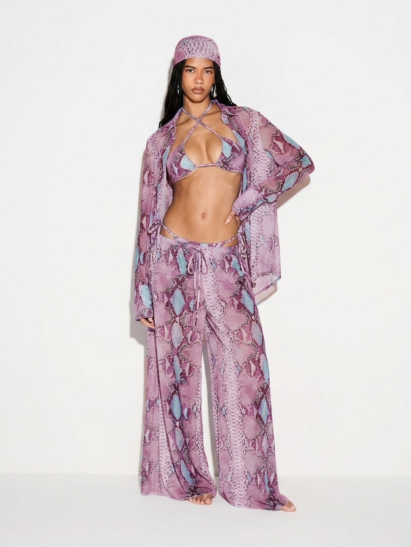KIZN Snake Print Wide Leg Mesh Trousers