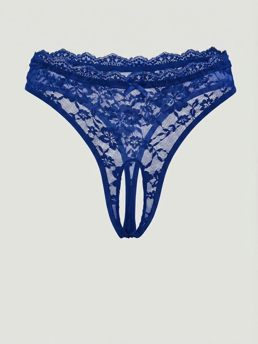 MISSGUIDED Crotchless Lace Panties With Intricate Floral Design And Open Back Strappy Detail For Intimate Occasions - Blue - View 1