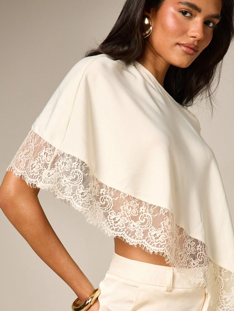 Lace Trim Cape Blouse With Flowing Sleeves