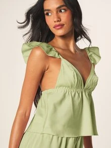 MISSGUIDED 鼠尾草色荷叶边露肩娃娃衫阔腿睡衣套装 V 领松紧腰睡衣家居服睡衣舒适 - 綠色 - 查看 6
