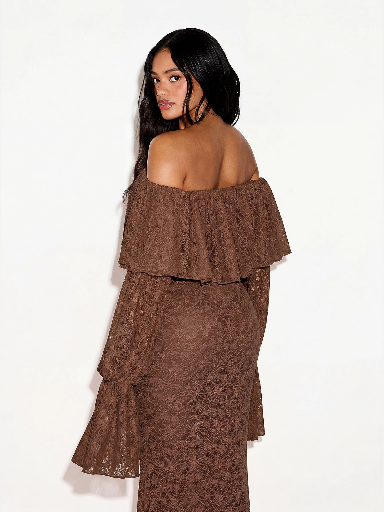 Off Shoulder Lace Bardot Top With Bell Sleeves