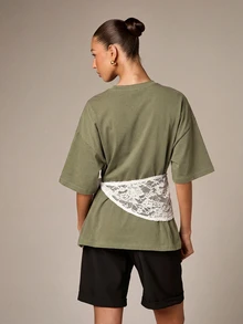 AiiRZ Oversized Lace Scarf Detail T-Shirt With Wide Short Sleeves And Casual Relaxed Fit - Army Green - View 2