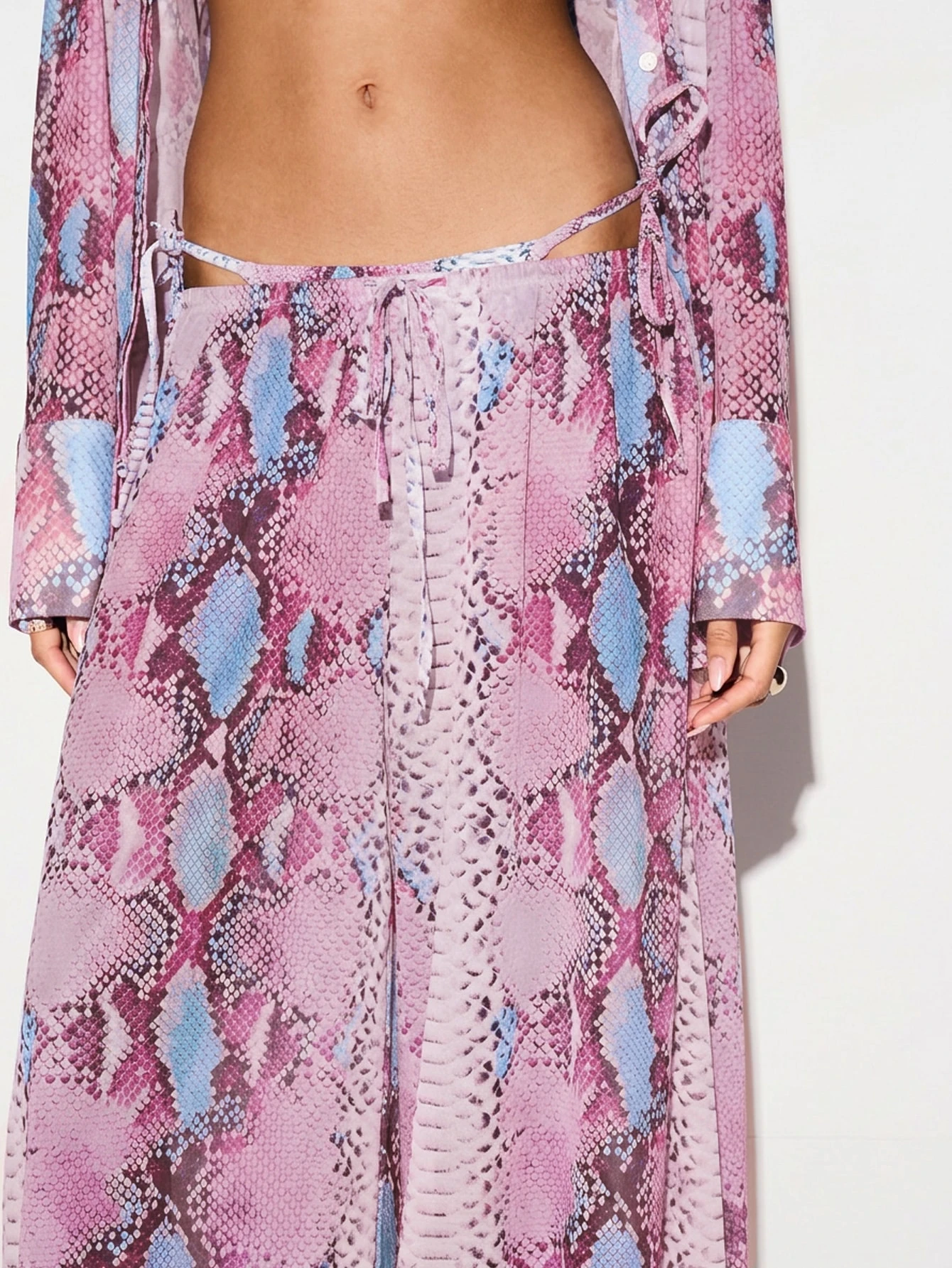 KIZN Snake Print Wide Leg Mesh Trousers