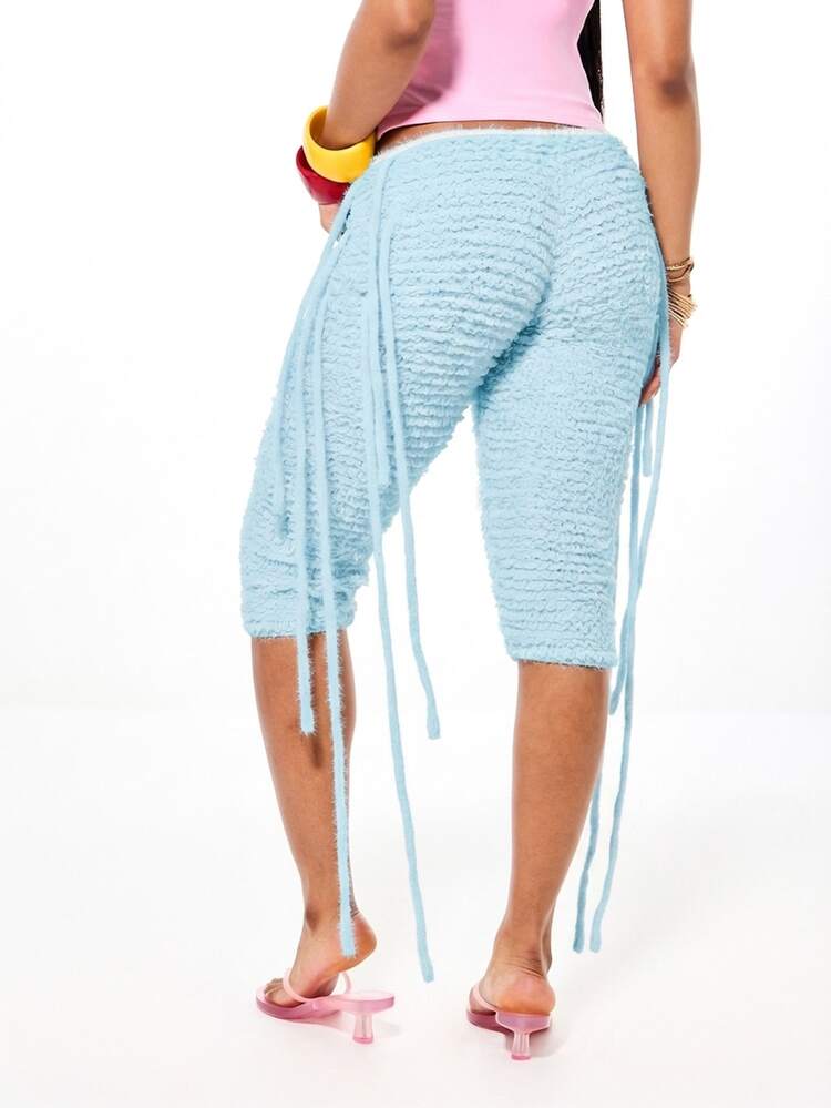 SUMWON WOMEN Crochet Tassle Capri Pants With Textured Knit Design And Side Tie Details For Summer Casual Wear