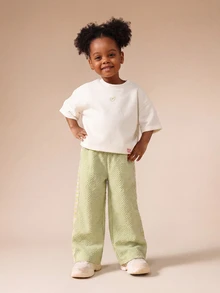 SUMWON Young Girls Casual Oversized T-Shirt And Wide Leg Pant Co-Ord Set With Green Waffle Texture Print - Yellow - View 8