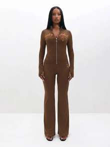 BABYPHAT Pull On Flare Leg High Waisted Ribbed Knit Brown Leggings With Bootcut Style - Chocolate Brown - View 7