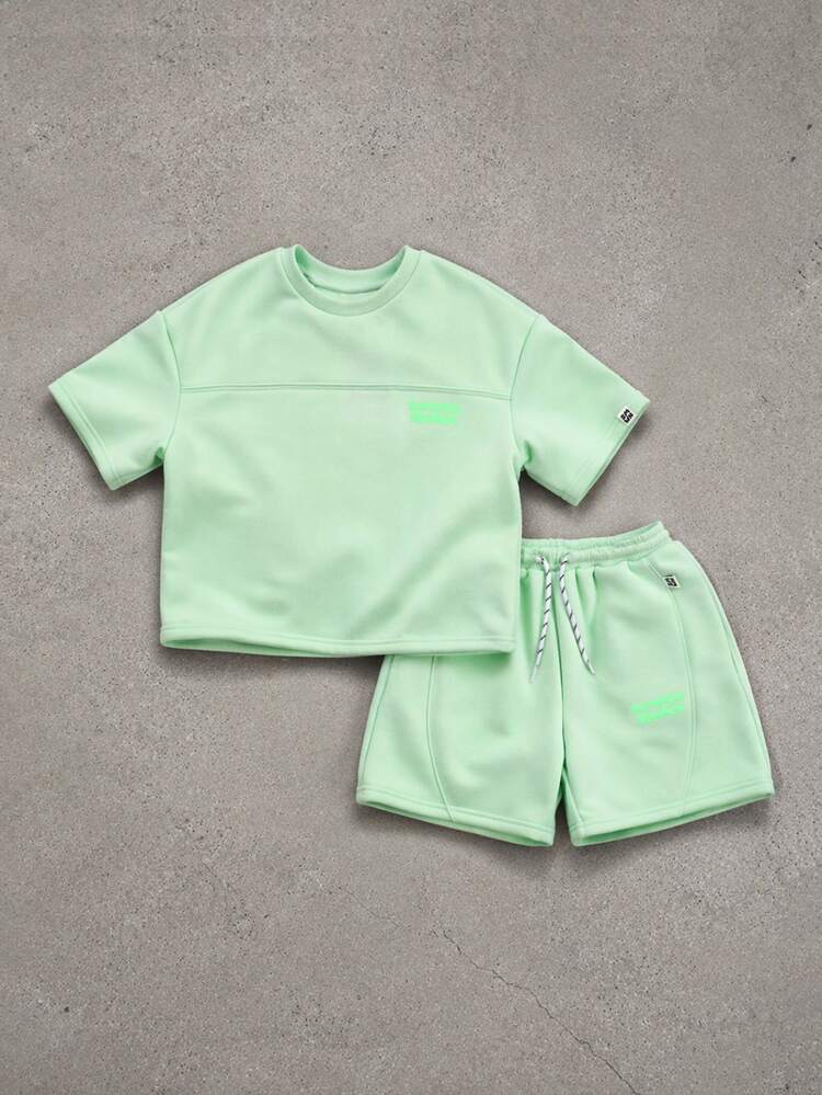 Oversized Light Green T-Shirt And Shorts Co-Ord Set Boys Casual Summer Crew Neck Short Sleeve Jogger Style Drawstring