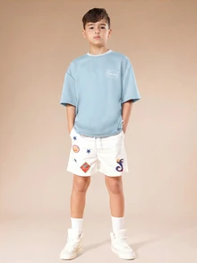 SUMWON Tween Boys Light Blue Jersey T-Shirt With White Contrast Tipping And Logo Design For Casual Summer Wear - Baby Blue - View 3