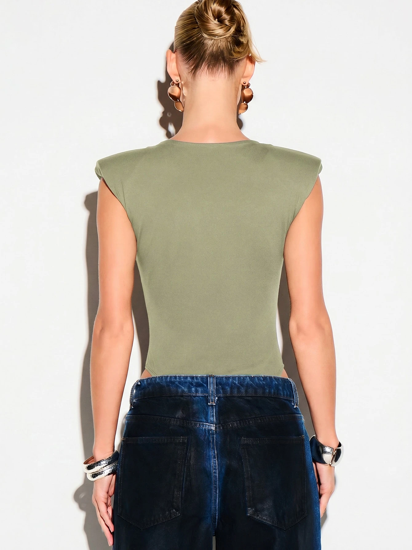 KIZN Sleeveless Deep V Neck Bodysuit With Shoulder Pads