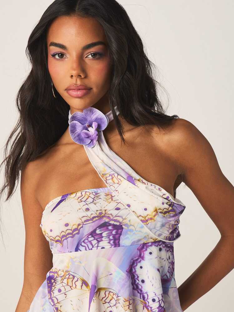 MISSGUIDED Butterfly Print Halter Top With Drape Hem