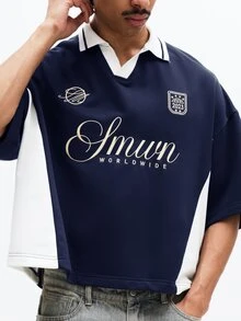 SUMWON Loose Fit Embroidered Navy Polo Shirt With White Contrasting Collar Short Sleeve Casual Rugby Style Vintage Inspired Oversized Fit - Blue - View 5