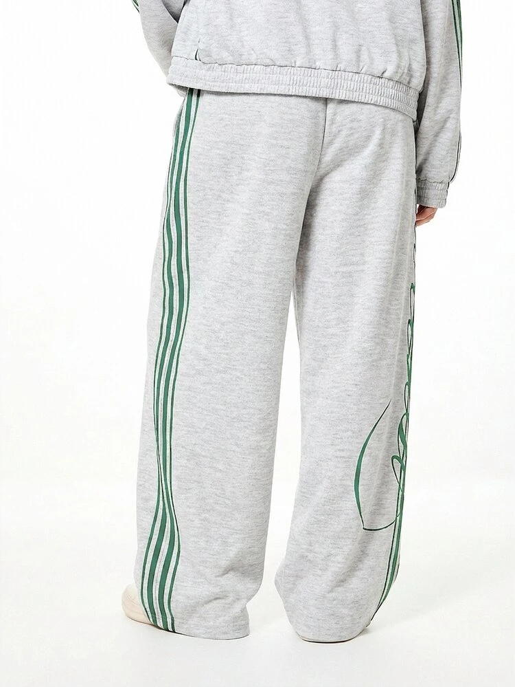 SUMWON WOMEN Oversized Wide Leg Joggers With Green Side Stripe And Script Graphic Print Casual Sweatpants