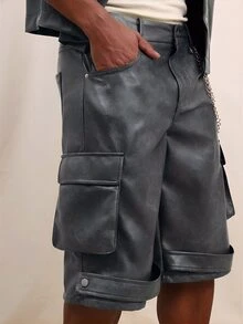 SUMWON Men's Faux Leather Cargo Shorts With Chain Detailed Pockets Rolled Hem Urban Streetwear Summer Fashion Edgy Style - Gray Blue - View 6